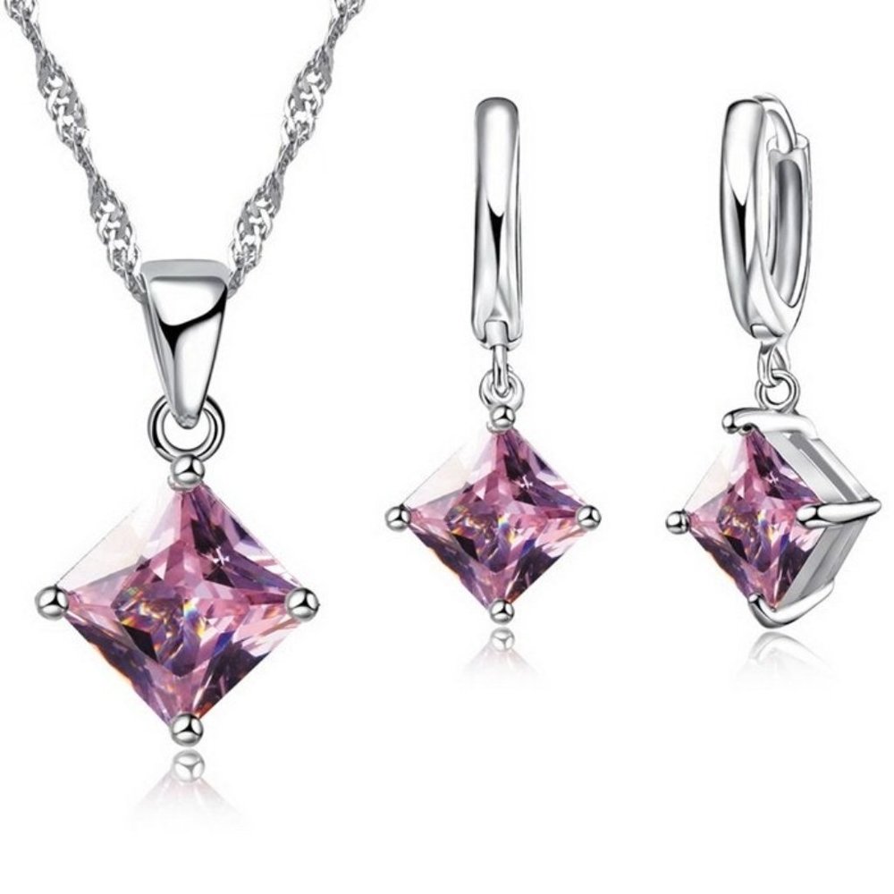 🌟 925 Sterling Silver Necklace With Earrings Set Square Gift